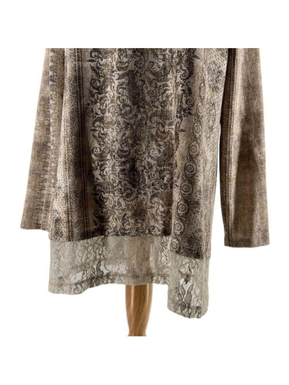Joseph Ribkoff cardigan taupe gold lace open front pattern stretch unique sz 8 - Picture 10 of 11